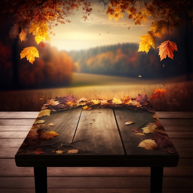 A table with leaves on it that has a fall scene on it