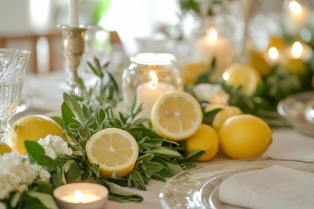 Photo a table with lemons and lemons on it and a candle on it