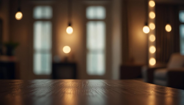 a table with lights on it and a window in the background