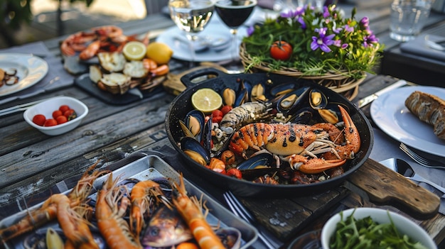 table with lobsters shrimp and vegetables on it