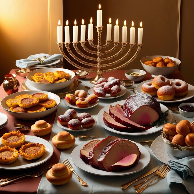 a table with a lot of food on it including a candle