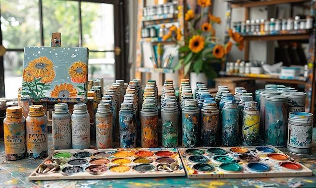 a table with a lot of paint bottles on it