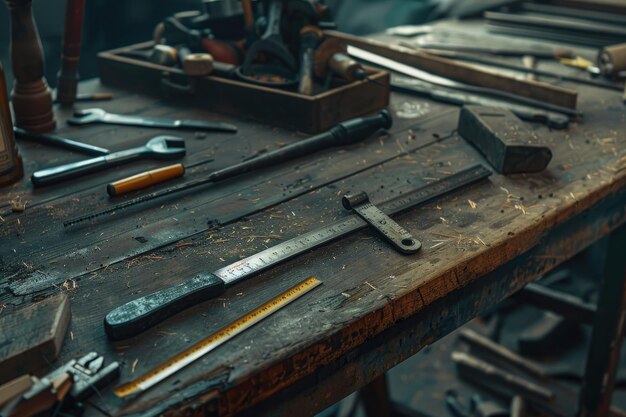 Photo a table with a lot of tools and a ruler on it