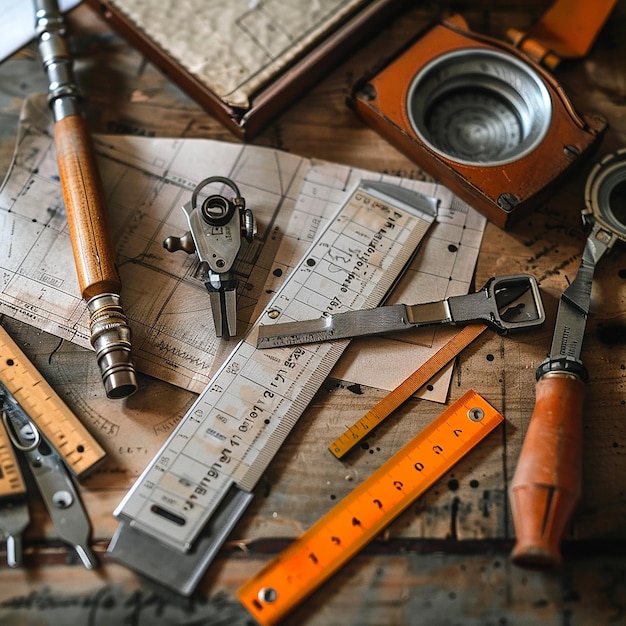 Photo a table with a lot of tools and a ruler on it