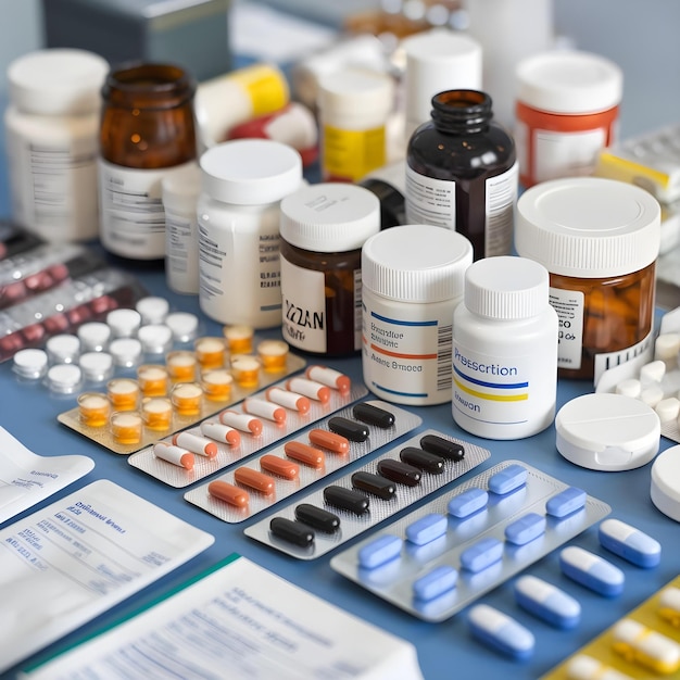 Photo a table with many bottles of medicine including the word quot lager quot