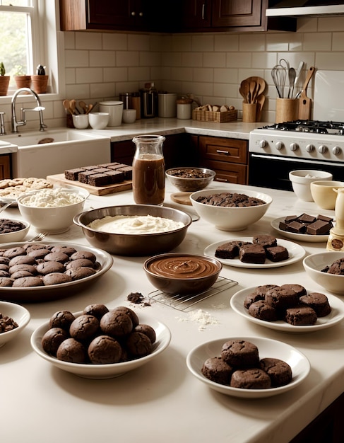 a table with many bowls of cookies and a jar of milk