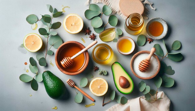 a table with many bowls of food including avocado avocado and avocado