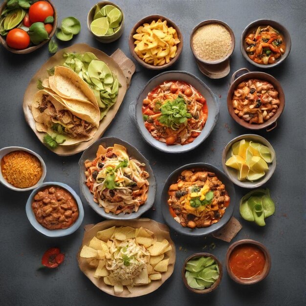 a table with many bowls of food including beans beans and other foods