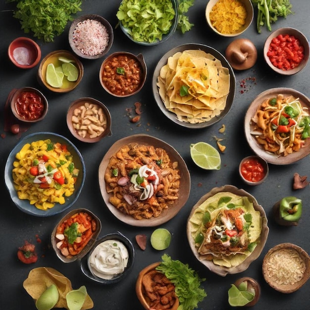 a table with many bowls of food including beans salsa and other food