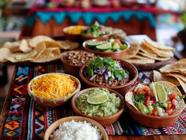 a table with many bowls of food including guacamole guacamole and rice