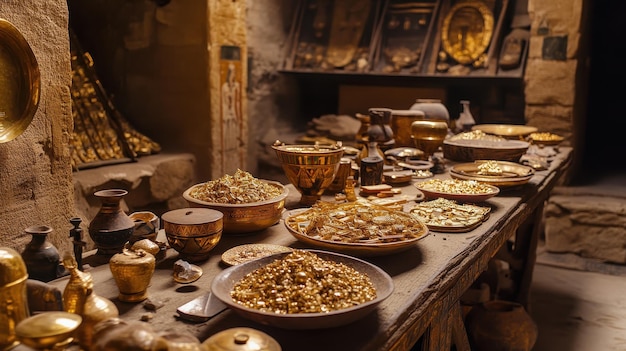 Photo a table with many bowls of food including a pot of dried herbs and spices