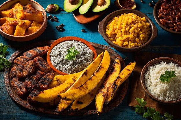 Photo a table with many bowls of food including rice rice and vegetables