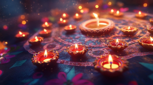 a table with many candles and a flower on it