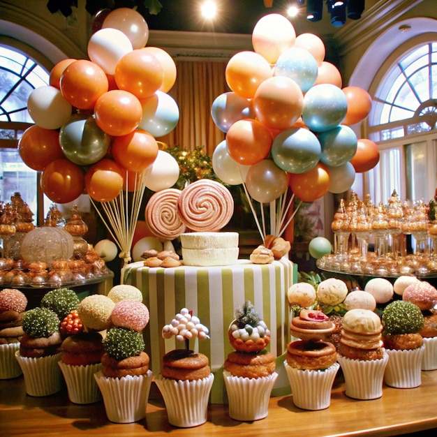 a table with many cupcakes and a cake stand with a cake on it