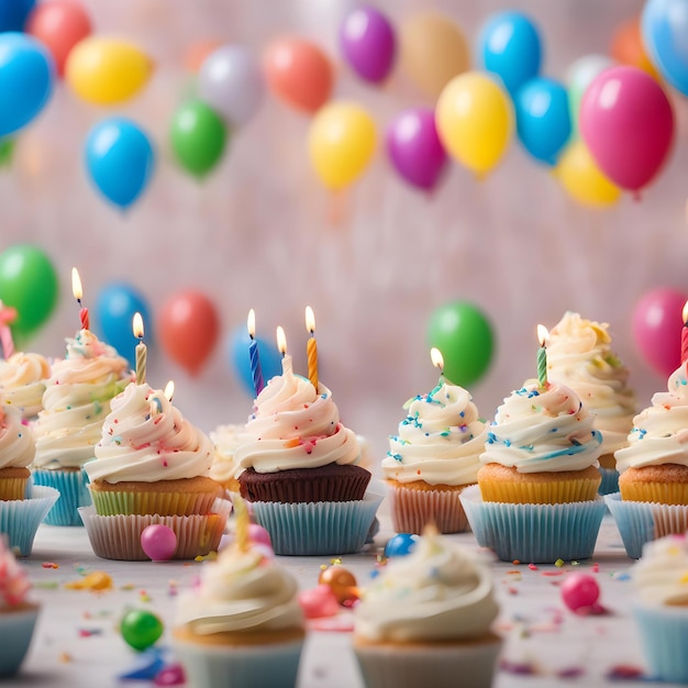 a table with many cupcakes with one lit candle