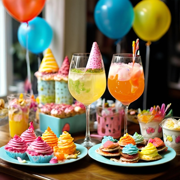 a table with many desserts and a candle on it