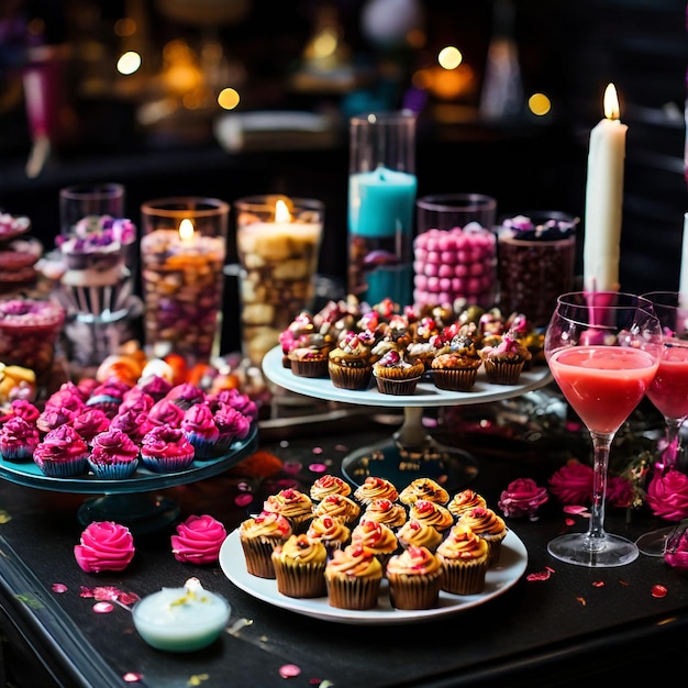 Photo a table with many desserts and a candle on it