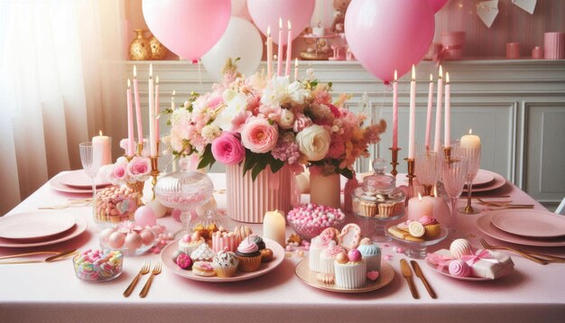 Photo a table with many desserts and flowers on it