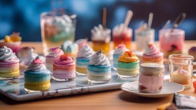 A table with many desserts on it