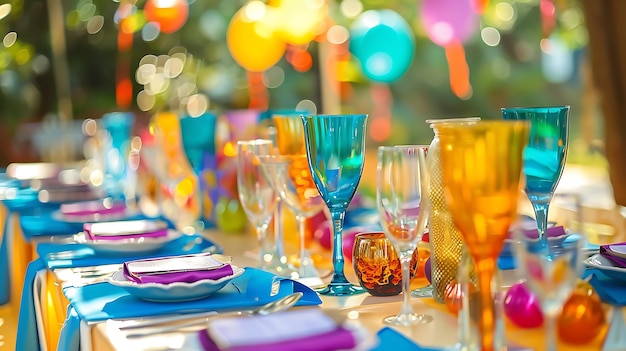 Photo a table with many different colored glasses and plates on it