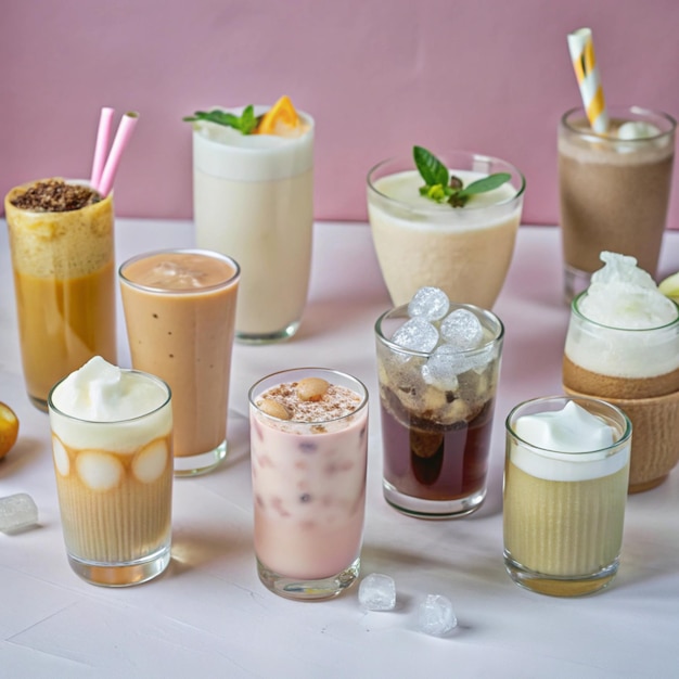 Photo a table with many different drinks including one that has a straw on it