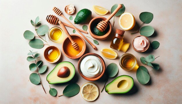 Photo a table with many different foods including avocado avocados and avocados