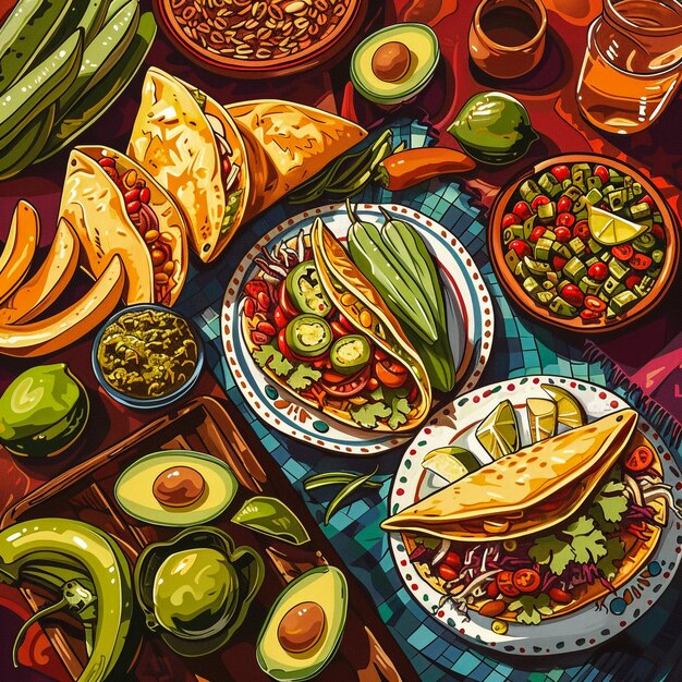 Photo a table with many different foods including avocados avocados and other foods