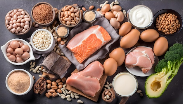 a table with many different foods including eggs meat and nuts