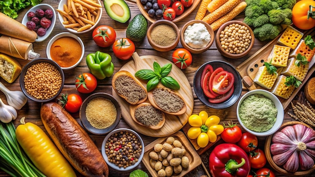 a table with many different foods including one that says quot veggies quot