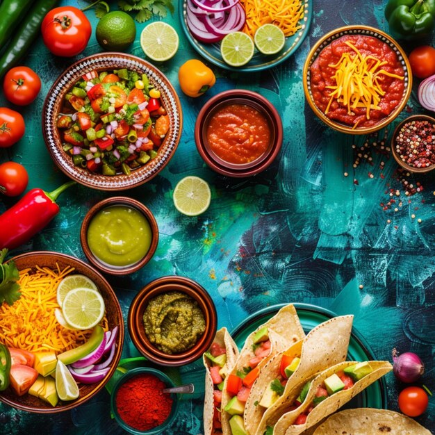 Photo a table with many different foods including salsa salsa and salsa