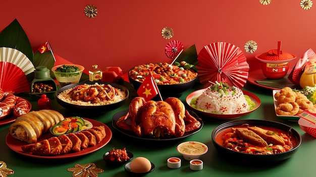 a table with many different foods including a turkey chicken and a plate of food