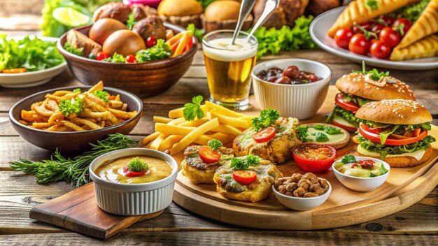 a table with many different foods including a variety of food