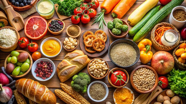 a table with many different foods including vegetables fruits and vegetables