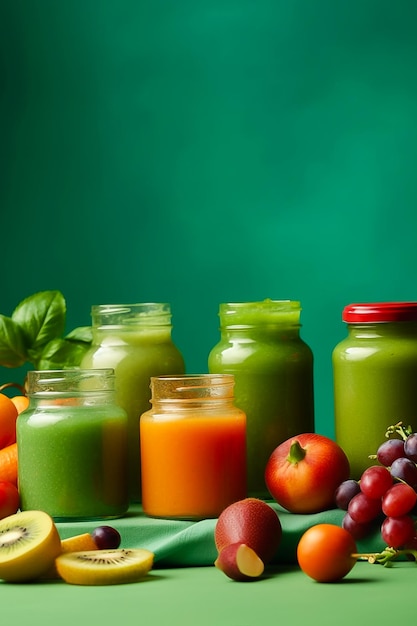 A table with many different fruits and vegetables including a green juice.