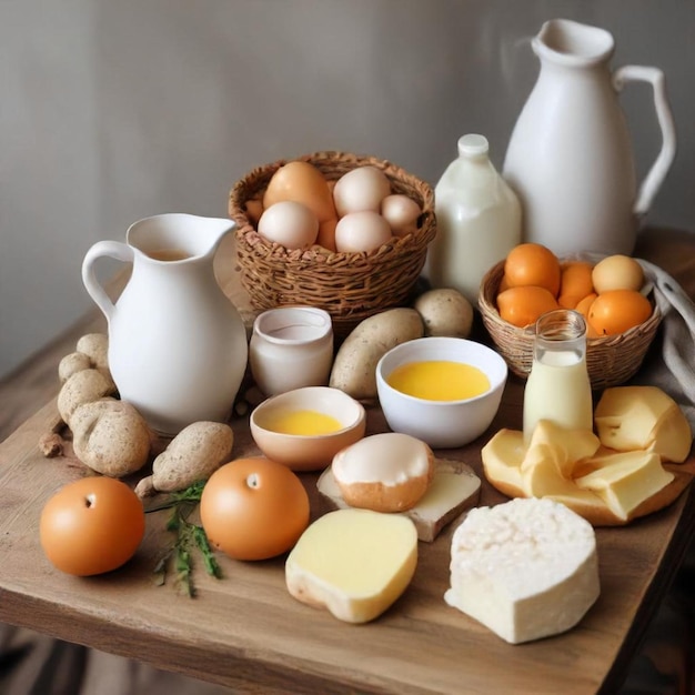 a table with many different types of cheeses including eggs cheese and milk