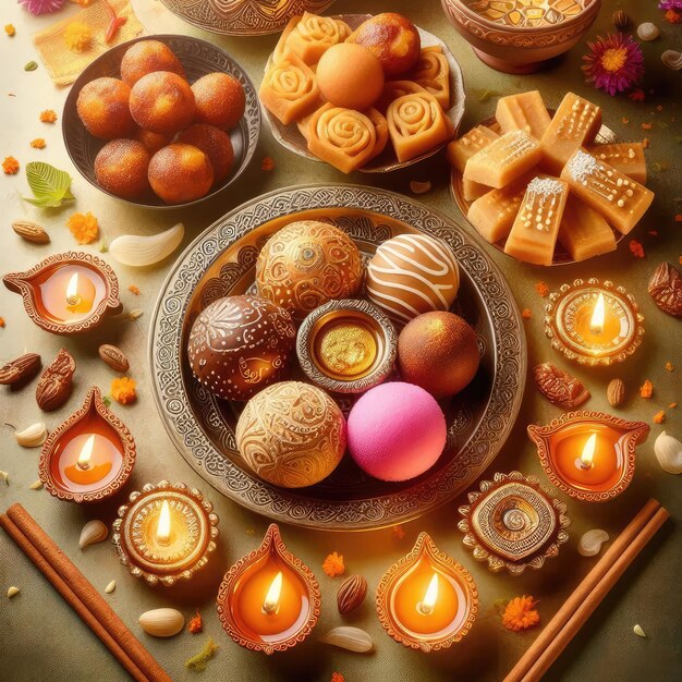 Photo a table with many different types of desserts and candles