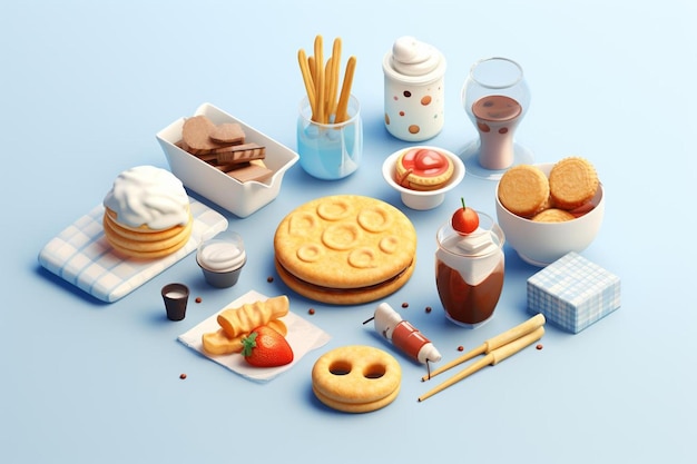 a table with many different types of food including a cookie and a jar of oatmeal.