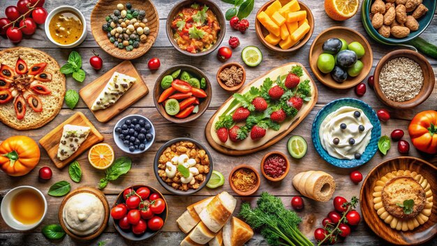 Photo a table with many different types of food including fruits and vegetables