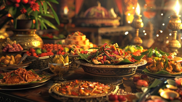 a table with many dishes of food including fruit and flowers