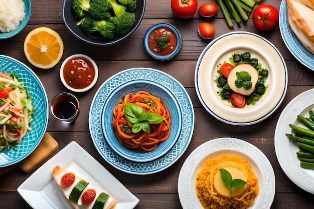 a table with many dishes of food including vegetables, meat, and veggies.