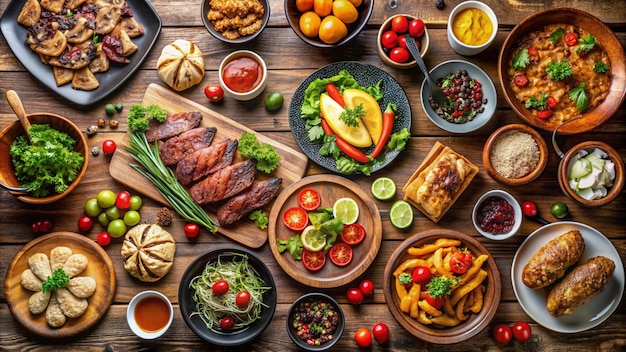 a table with many dishes including meat vegetables and fruit