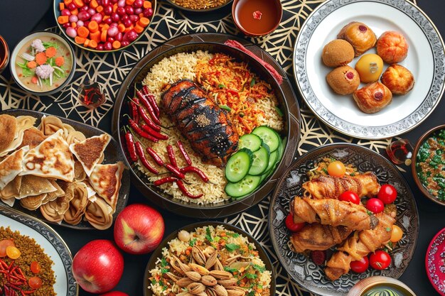 Photo a table with many dishes including rice meat and vegetables