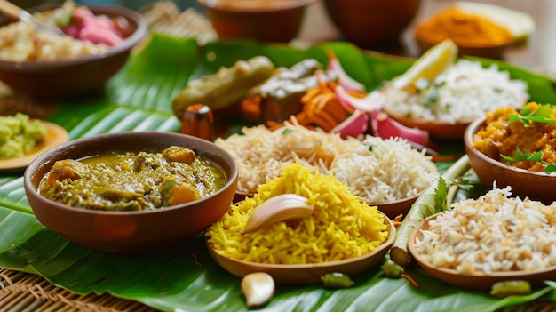 a table with many dishes including rice rice and other foods