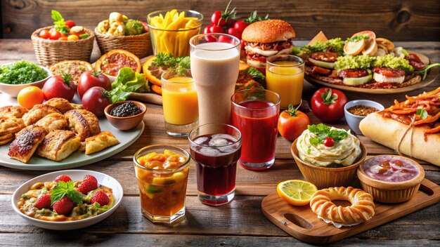 Photo a table with many food including a sandwich salad and a drink