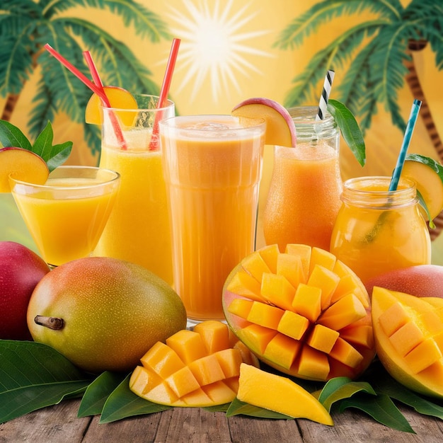 a table with many fruits and a glass of juice and a palm tree