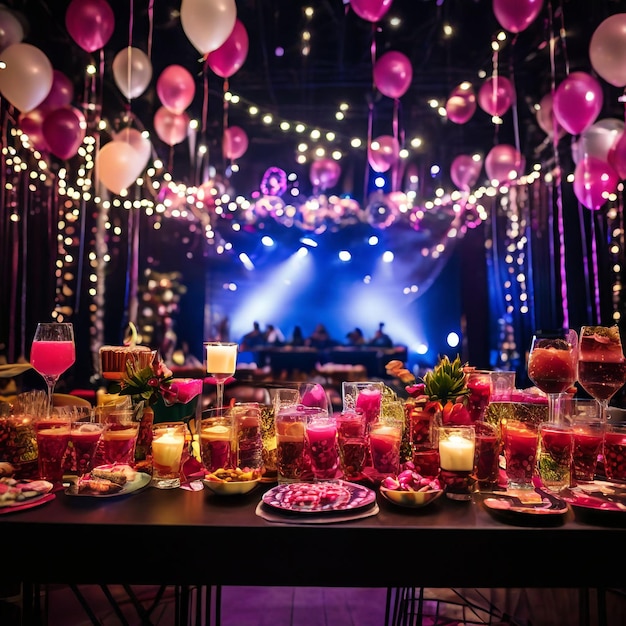 Photo a table with many glasses and balloons with a party in the background