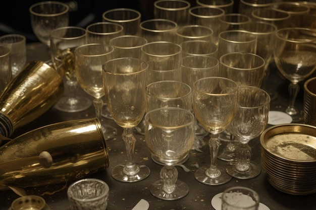 A table with many glasses and a bottle of champagne on it