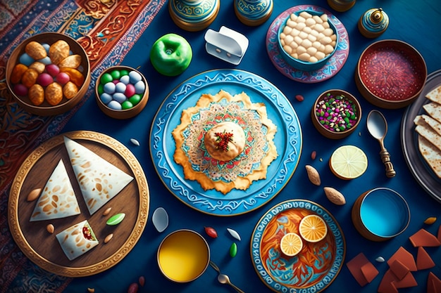 A table with many plates and bowls of food including a colorful container and a container of food.