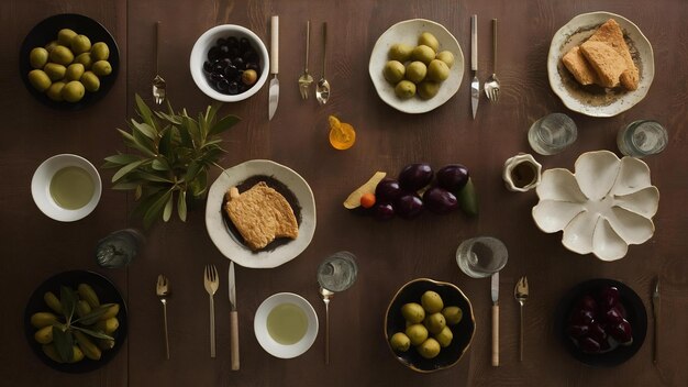 Photo a table with many plates of food including berries grapes and a cup of tea