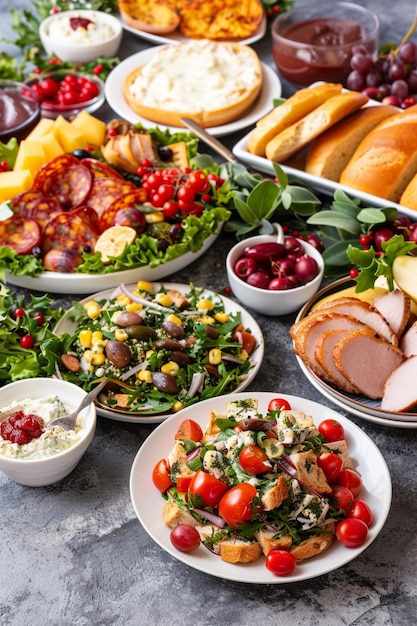 Photo a table with many plates of food including bread bread and bread